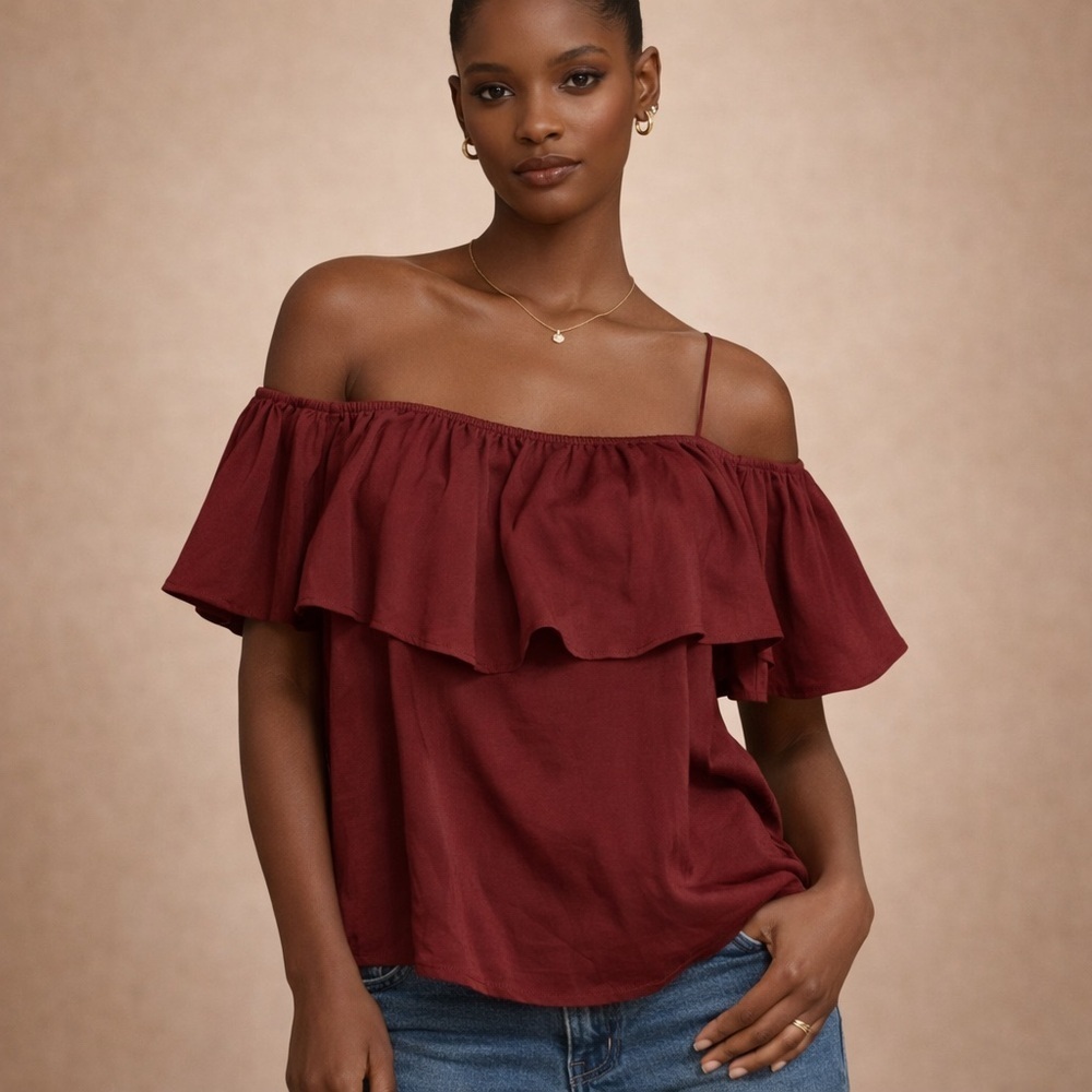 Burgundy Off Shoulder Ruffle Crop Top Size M | Romantic Going Out Top